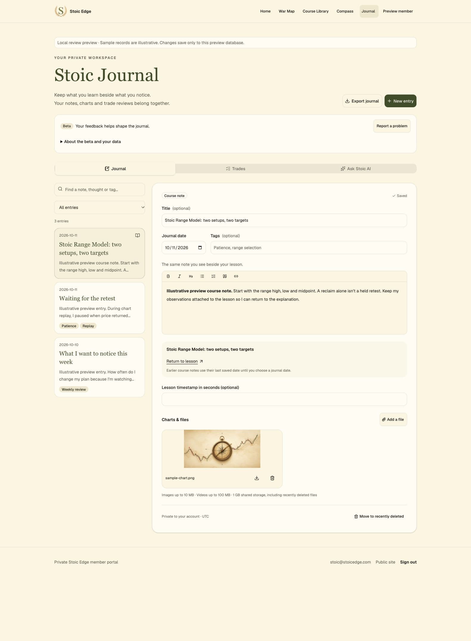 Stoic Journal with a sample Range Model course note and a link back to its lesson