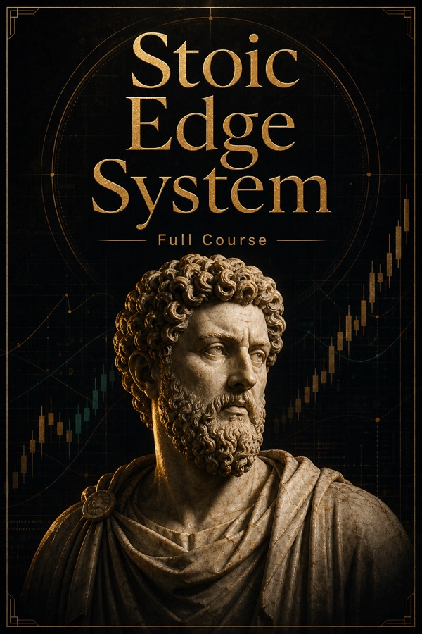 Stoic Edge System Full Course cover with a cinematic Marcus Aurelius statue and gold chart background.