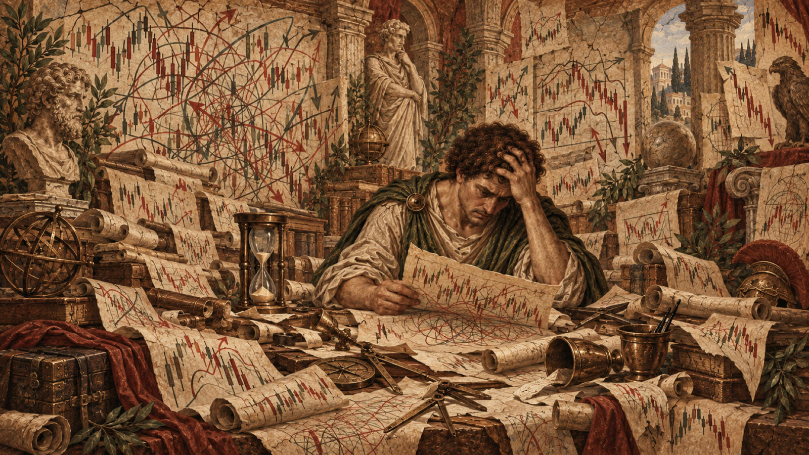 A trader surrounded by competing chart methods and unfinished maps.