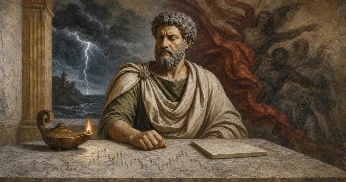 A composed Roman trader reviewing a market plan beside a turbulent crowd