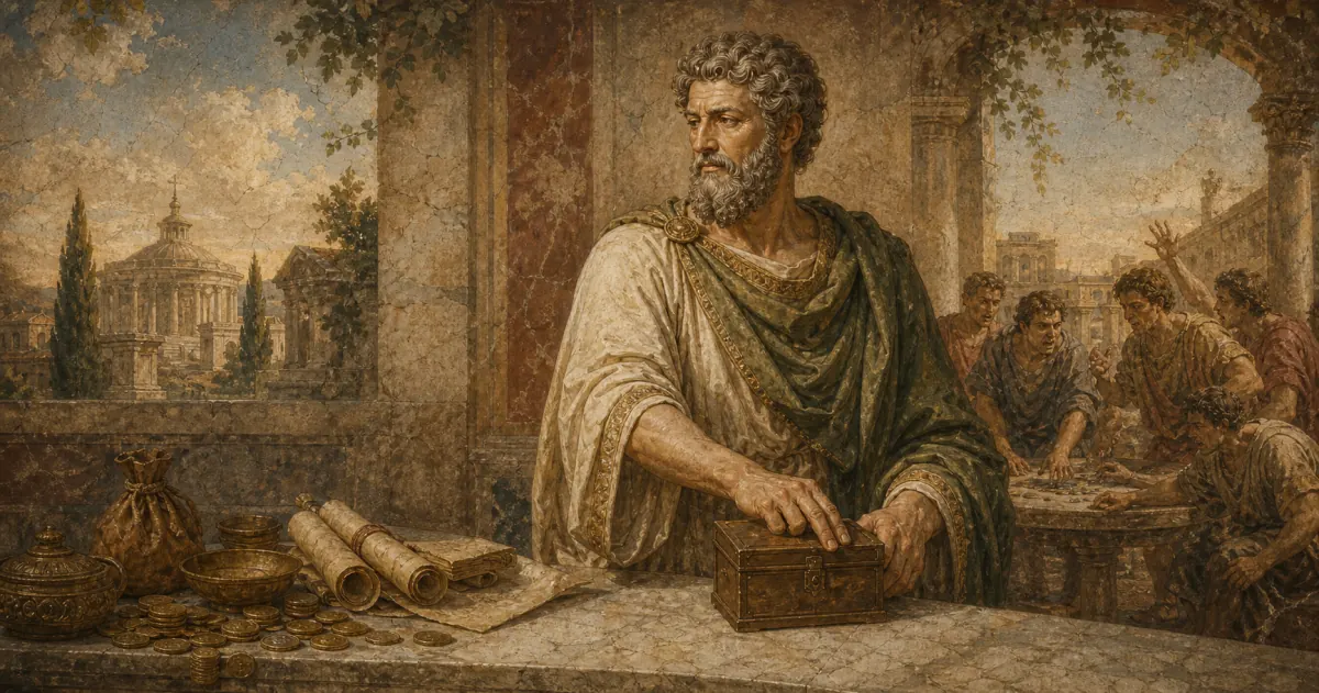A Roman trader turning away from a crowded market toward a written plan