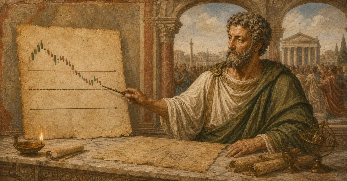 A Roman market observer studying three marked reference levels